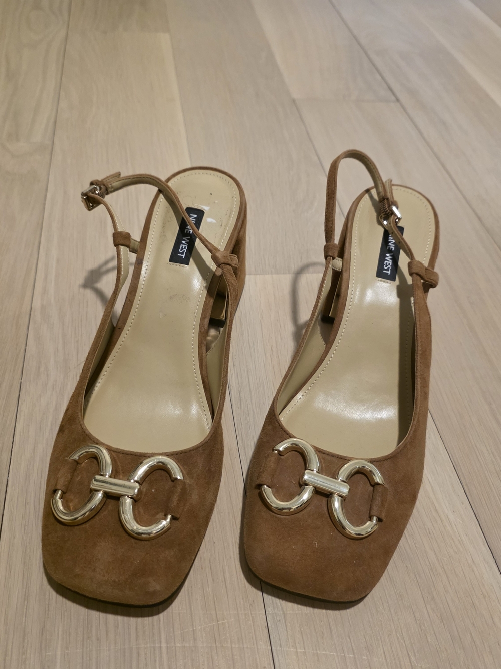 Nine West Tan Suede Slingback Heels with Gold Accents